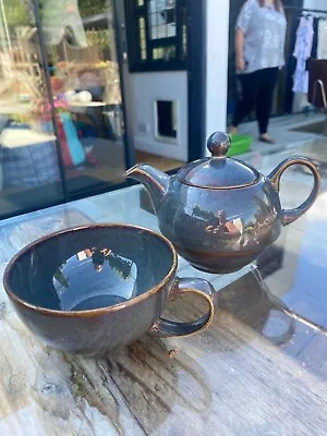 Buy Vintage Kensington Pottery England Grey Brown Tea Pot & Cup For One Stackable • 18£