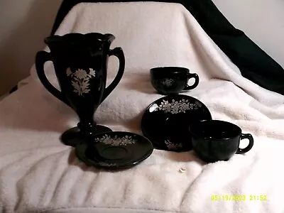 Buy Depression Black Amethyst Glass 5 Piece Lot Loving Cup Vase & Cups And Saucers • 16.54£