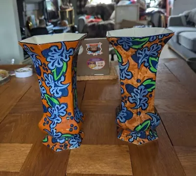 Buy Pair Frederick Rhead Bursley Ware Merton Tall Hexagonal Vases Orange Blue Leaf • 125£