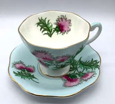 Buy Tea Cup & Saucer, Foley Bone China, England, Glengarry Thistle, Light Blue • 16.77£