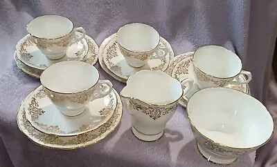 Buy Vintage 14 Piece English Bone China Teaset With Floral Gold Trellis Pattern • 32.99£