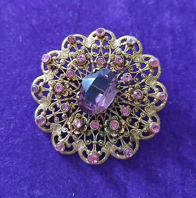 Buy Antique Art Deco Brooch Ornate Goldtone Filigree Pink And Purple Czech Glass  • 25£