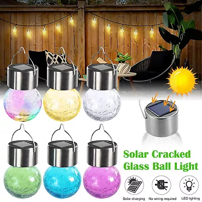 Buy Solar Powered LED Steel Hanging Globe Crackle Glass Ball Lights Garden Outdoor • 39.69£