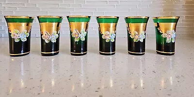 Buy VTG 6 Pc Bohemian Czech EMERALD GREEN Liqueur SHOT GLASS SET Painted Flower GOLD • 54.98£