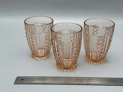 Buy Set Of 3 Vintage Pink Depression 8 Oz Tumblers Glasses Ribbed Diamond Pattern • 10.86£