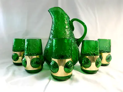 Buy Rare Felipe Derflingher 5 Green Caged Crackle Glass Tumblers & 1 Pitcher W2s7 • 933.59£