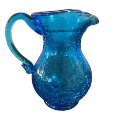 Buy Vintage Blue Crack Crackle Glass Miniature Pitcher With Scrolled Handle • 16.77£