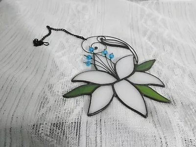 Buy Stained Glass White Lily Blue Beads Suncatcher Window Hanger 7 X 6 Inches • 18.63£