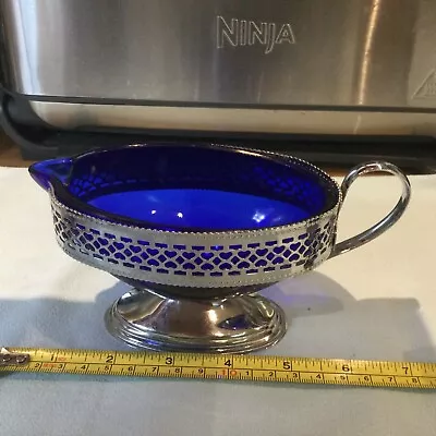 Buy  Vintage  Cobalt Blue Glass Milk Jug Creamer In Metal Basket  • 4.99£