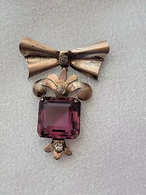 Buy 1940s-50s Sterling Ribbon Bow Dangle Brooch Pin Purple Glass Stone • 42.71£