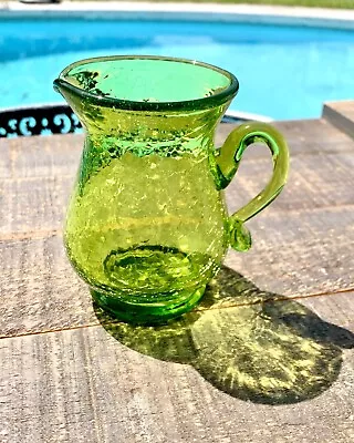 Buy Vintage Mini Green Crackle Glass Small Pitcher Vase Hand Blown W Applied Handle • 11.18£