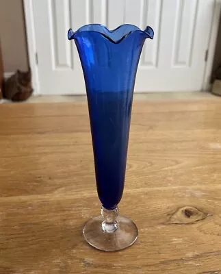 Buy Vintage Cobalt Blue Glass Vase Undulating Rim Clear Base • 10£