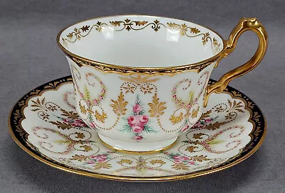 Buy Cauldon Tiffany Hand Painted Pink Roses Raised Gold & Cobalt Tea Cup & Saucer E • 229.10£