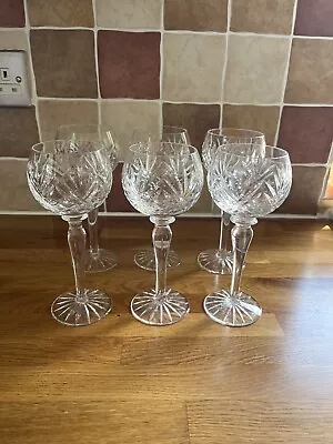 Buy Set 6 Vintage Crystal Cut Glass Wine Glasses Tall - 18.5cm In Good Condition • 30£