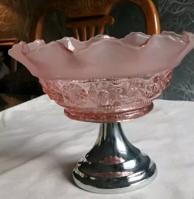 Buy Vintage Katherine Bagley Part Frosted Pink Glass Bowl On Metal Stand. 1950s. • 12£