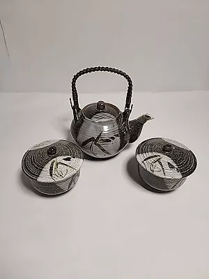 Buy Oriental Bamboo Stoneware Tea Set Art Pottery Teapot & Cups W/Lids Wicker Handle • 60.58£