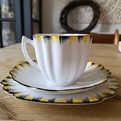 Buy Antique Vintage Melba Art Deco Scalloped Yellow Black Tea Cup Saucer Trio • 24.50£