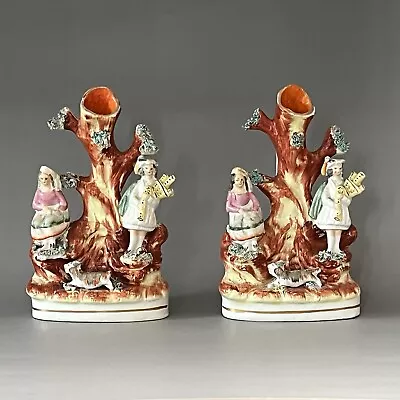 Buy Antique Staffordshire Flat Spill Vases Girl And Piper • 75£