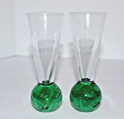 Buy PAIR Vintage GREEN CONTROLLED BUBBLE Ball Bottom Cordial Shot Glasses MCM • 12.11£