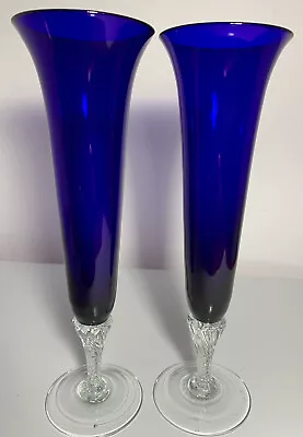 Buy Vintage Matching Cobalt Blue Glass Vases On Clear Patterned Stems. • 35£