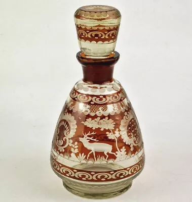 Buy Wudenschöne Carafe Stained Glas Deer Heron Hand Cut Um 1900 R52 • 141£