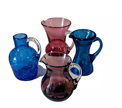 Buy Vintage MCM Lot Of 4 CRACKLE & COLORFUL Handblown ART GLASS Mini Pitchers/Vases • 28£