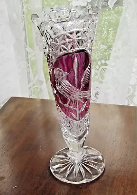 Buy Vintage 22cm Hofbauer Red Bird Byrdes German Lead Crystal Vase Cranberry Glass • 9.99£