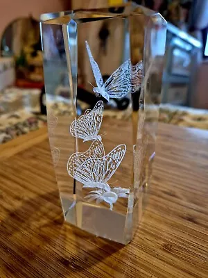 Buy Laser Etched 3D Glass Paperweight Flower/ Butterflies 3” H, 2 W.  SOLID CRYSTAL • 9£