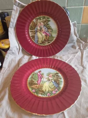 Buy Vintage Royal Victoria Pottery Wade Courting Couple Plates X2. Burgundy,Gilt Rim • 20£