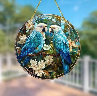 Buy Blue Parrots Bird Lover Design Suncatcher Stained Glass Effect Home Decor Gift • 6.95£