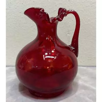 Buy Fenton Ruby Red Blow Ewer Pitcher Crimped Ruffled Top Applied Handle • 41.94£