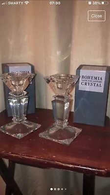 Buy Pair Vintage Elegant Bohemia Clear Crystal Column Candlesticks With Stickers • 30£