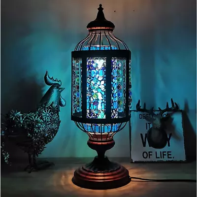 Buy Handmade Bohemian Classic Style Night Table Bedside Blue Lamp Glass Cutwork • 49£