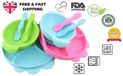 Buy Baby Toddler Weaning Silicone Suction Plate Bowl With Lid & Matching Spoon Set • 99.99£