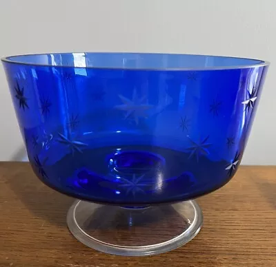 Buy Cobalt Blue Etched Glass Bowl Atomic Stars Starburst Footes Pedestal MCM • 27.03£