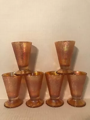 Buy Vintage Set Of 6 Jeannette Marigold Carnival Glass Crackle Glass Footed Tumblers • 23.33£