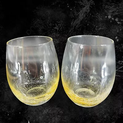 Buy Pier 1 Yellow Crackle Double Old Fashion Drinking Glasses Tumblers Set 2 Glasses • 33.55£