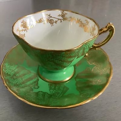 Buy Hammersley Footed Teacup And Saucer 1930s Green Gilt Quatrefoil Pat No 4511 • 18£