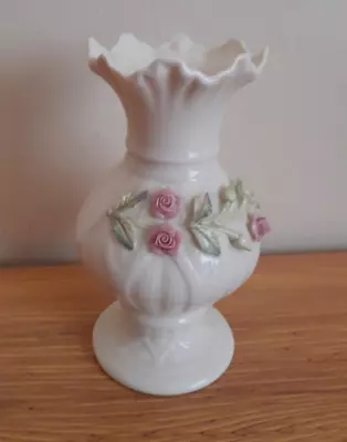 Buy Belleek Pottery Ribbon Spill Vase With Embossed Pink Flowers 11th Mark 2001-07 • 25.99£