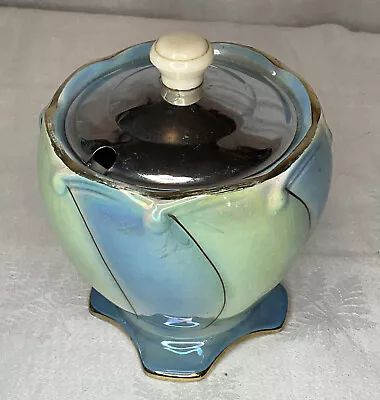 Buy Vintage Royal Winton Lustre Green Blue Ceramic Sugar Bowl Chrome Lid Deltic Mark • 48£
