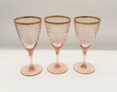 Buy 3 Vintage Pink Depression Glass Wire Etched Elegant Optic Tiffin? Gold Trim 7  • 42.01£