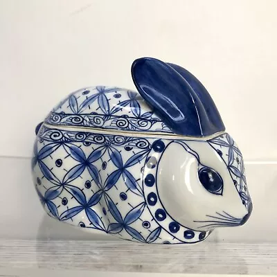 Buy Rabbit Ceramic Trinket Box Pot With Lid - Blue And White - Hand Painted • 12.99£
