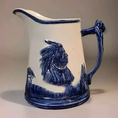 Buy Antique Old Sleepy Eye Indian Pitcher 8.5 Pottery Blue Rim Great Shape! • 205.02£