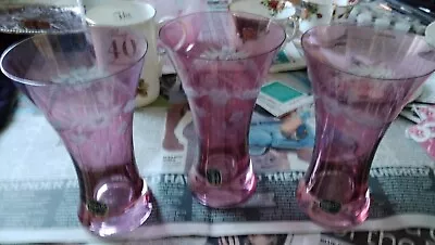 Buy 3 Matching Vintage Bohemian Cut Glass Vases Pearlised Pink • 16.99£