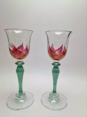 Buy 2x Art Nouveau Bohemian Cranberry Overlay Iridescent Wine Glasses Theresienthal • 34.95£