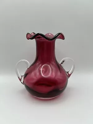 Buy Vintage Cranberry Glass Twin Handled Vase Flared Rim Bulbous Base Hand Blown • 18£
