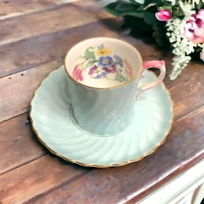 Buy Vintage Aynsley China Teacup And Saucer Demitasse Turquoise Swirl Pink Handle  • 93.18£