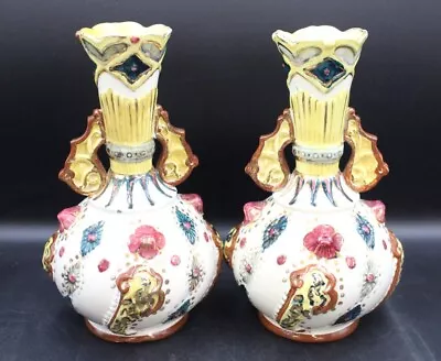 Buy Pair Of MAJOLICA POTTERY Hand Painted Continental Floral VASES 23cm - K25 • 6.99£