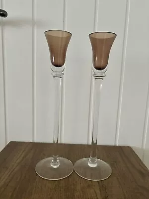 Buy Pair Of Clear Brown Glass Footed Tall Slim Long Stem Candlestick Holders • 13.50£