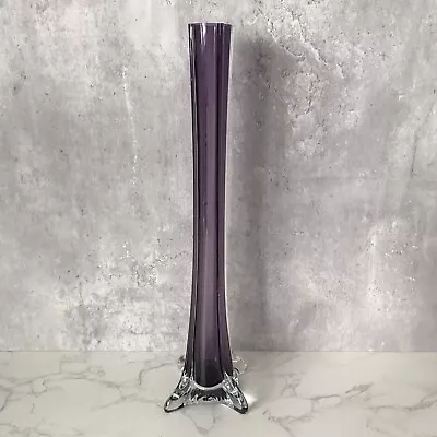 Buy Art Glass Amethyst / Purple Ribbed Square Shaped Vase Clear Base 40cm High • 18.99£